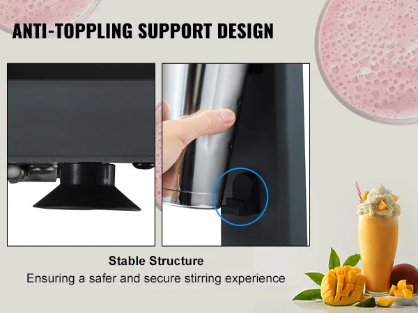 Máquina para hacer batidos VEVOR con diseño de soporte antivuelco que muestra una estructura estable y un batido delicioso.