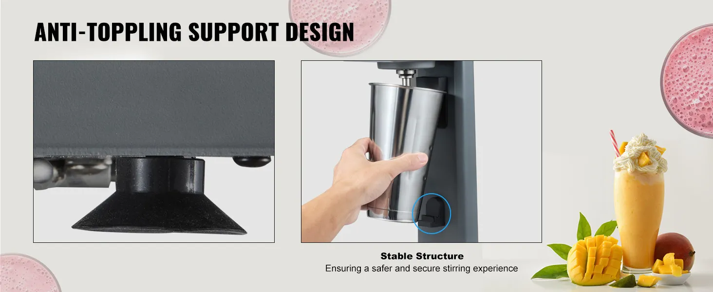 Máquina para hacer batidos VEVOR con diseño de soporte antivuelco que muestra una estructura estable y un batido delicioso.