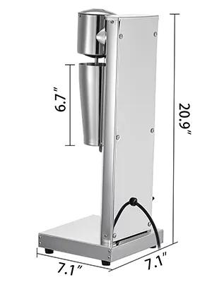 Máquina para hacer batidos VEVOR de acero inoxidable con dimensiones en pulgadas.