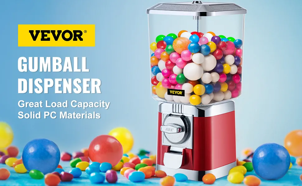 Máquina de chicles VEVOR con chicles de colores sobre un fondo azul.