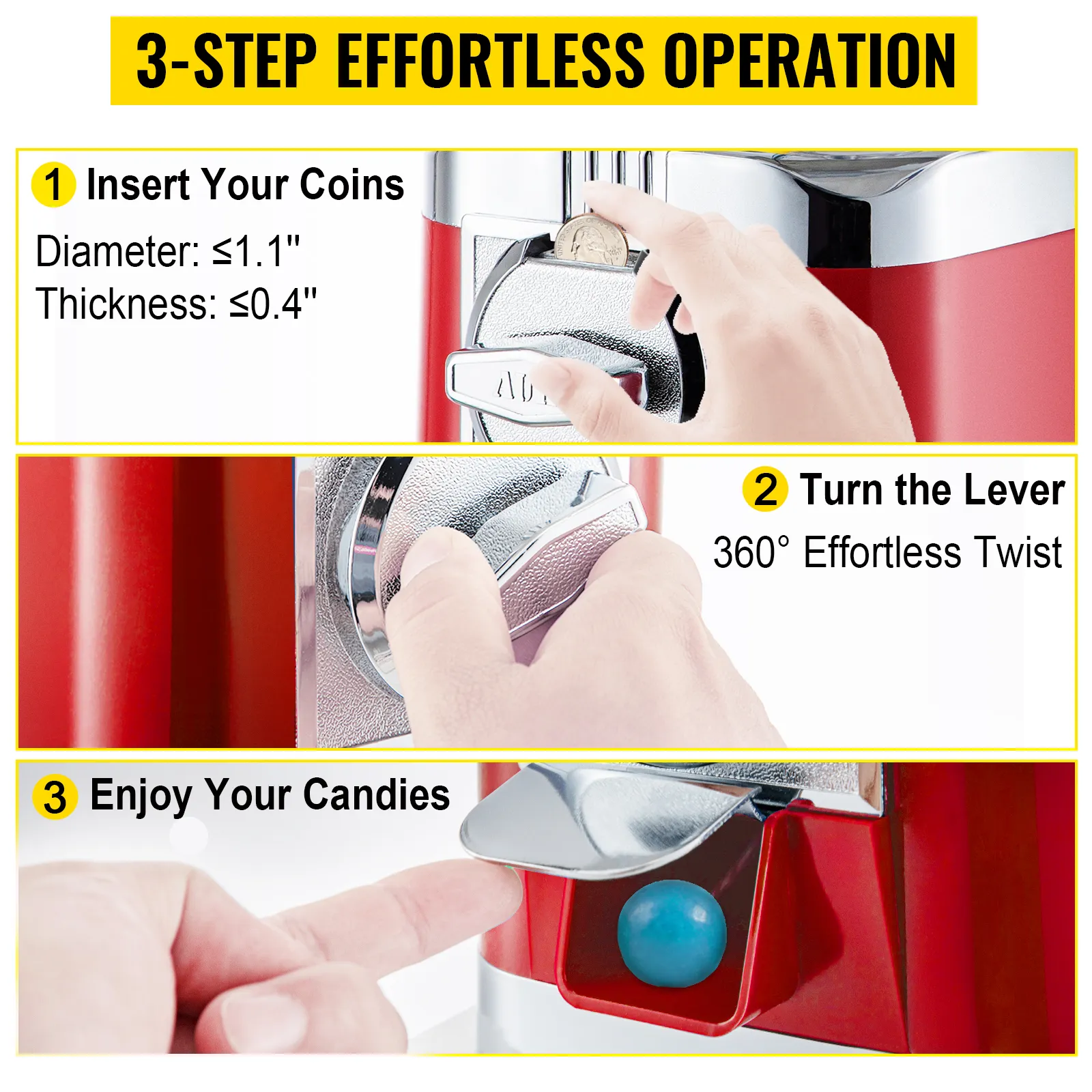 Máquina de chicles VEVOR: guía de funcionamiento en 3 pasos. Inserte la moneda, gire la palanca y disfrute de los dulces.