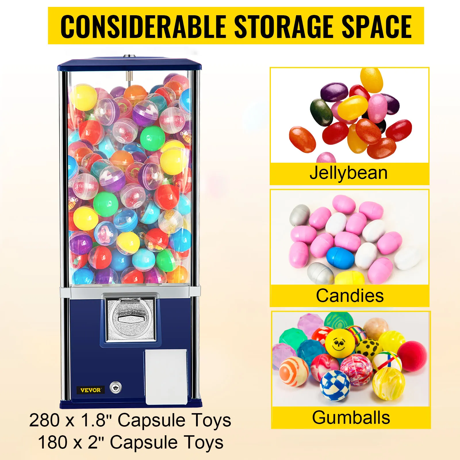 Máquina expendedora de dulces VEVOR con gominolas, caramelos y chicles, almacenamiento considerable.