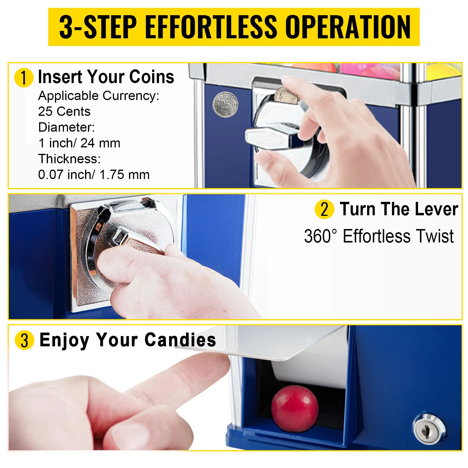 Máquina expendedora de dulces VEVOR con funcionamiento en 3 pasos: inserte la moneda, gire la palanca y disfrute de los dulces.
