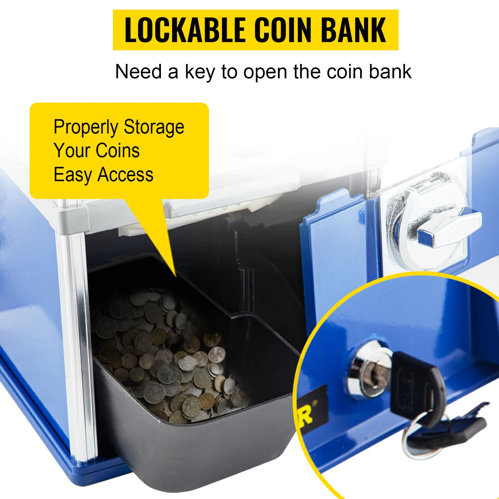 Hucha con cerradura de la máquina expendedora de caramelos VEVOR con llave y monedas en el interior.