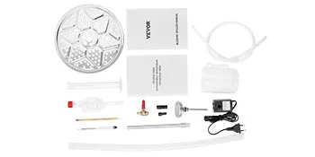 Piezas del destilador de alcohol y agua VEVOR, incluido cable de alimentación, conectores y manuales de instrucciones.