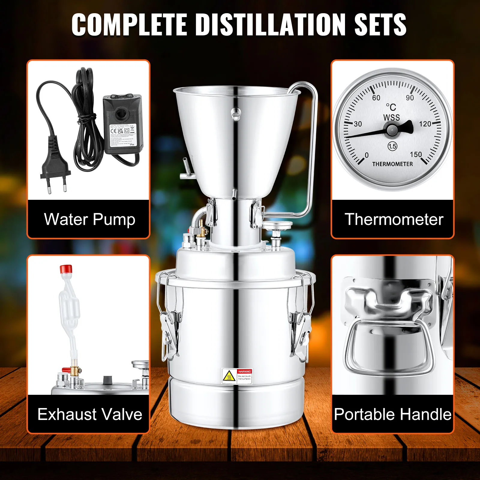 Destilador de alcohol y agua VEVOR con bomba de agua, termómetro, válvula de escape y mango.