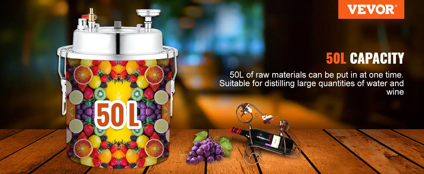 Destilador de alcohol VEVOR, capacidad de 50l, decorado con imágenes de frutas, adecuado para destilar agua y vino.