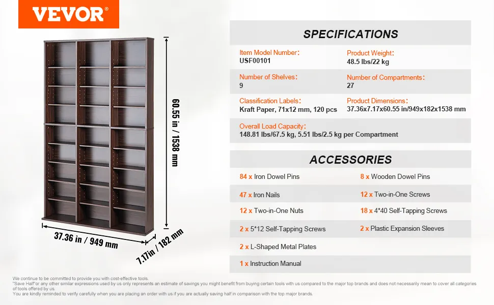 VEVOR media storage cabinet with 9 shelves and 27 compartments, dimensions 37.36x7.17x60.55 in.