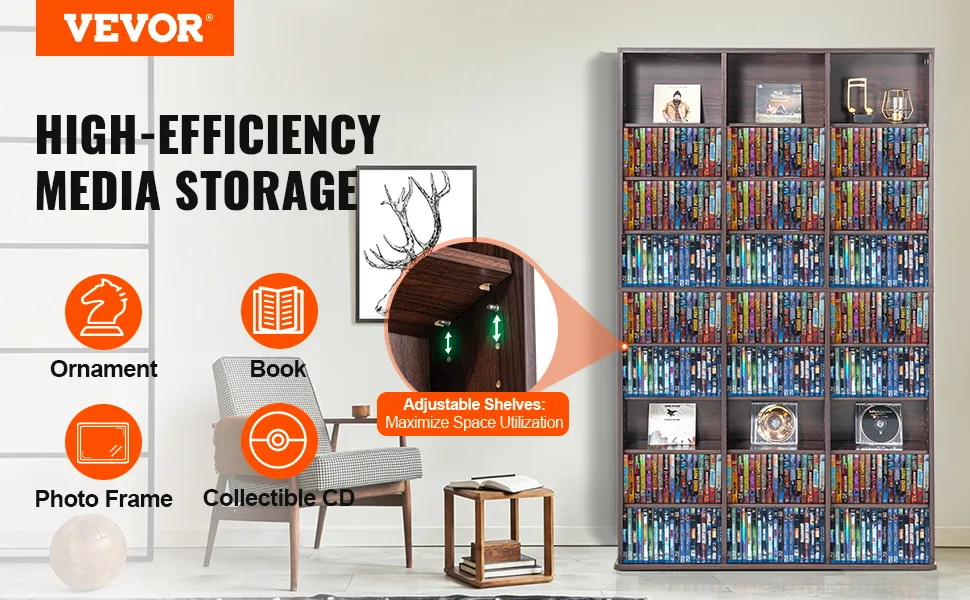 VEVOR media storage cabinet with adjustable shelves, holding books, ornaments, collectible cds, and photo frames.