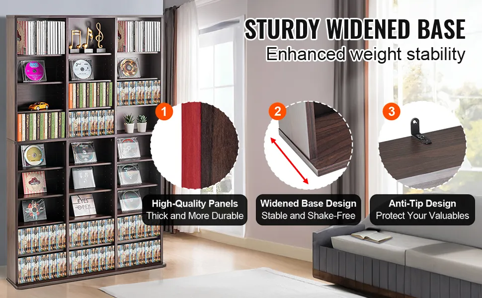 VEVOR media storage cabinet with high-quality panels, widened base design, and anti-tip features.