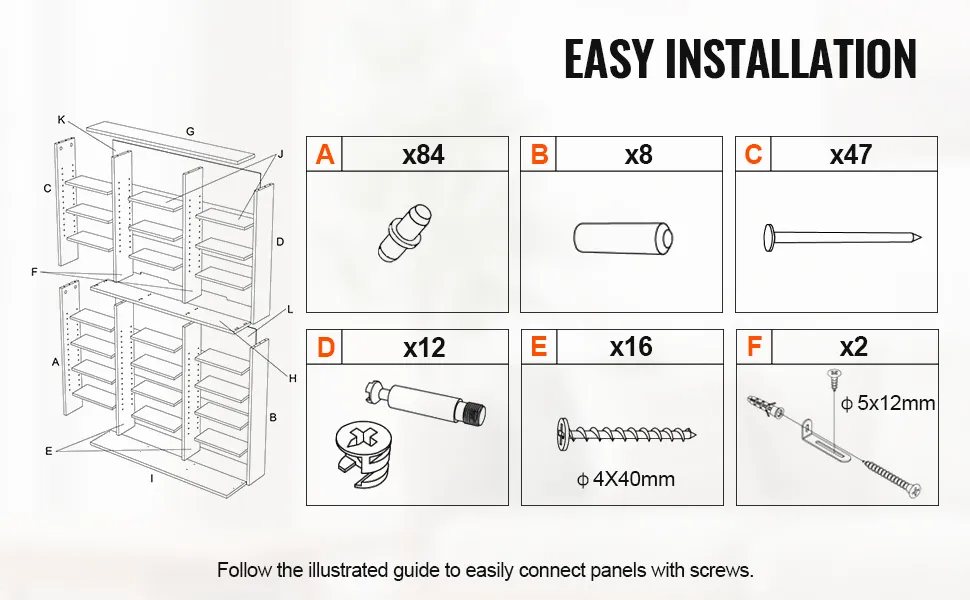 easy installation guide for VEVOR media storage cabinet with screws and illustrated panel connections.