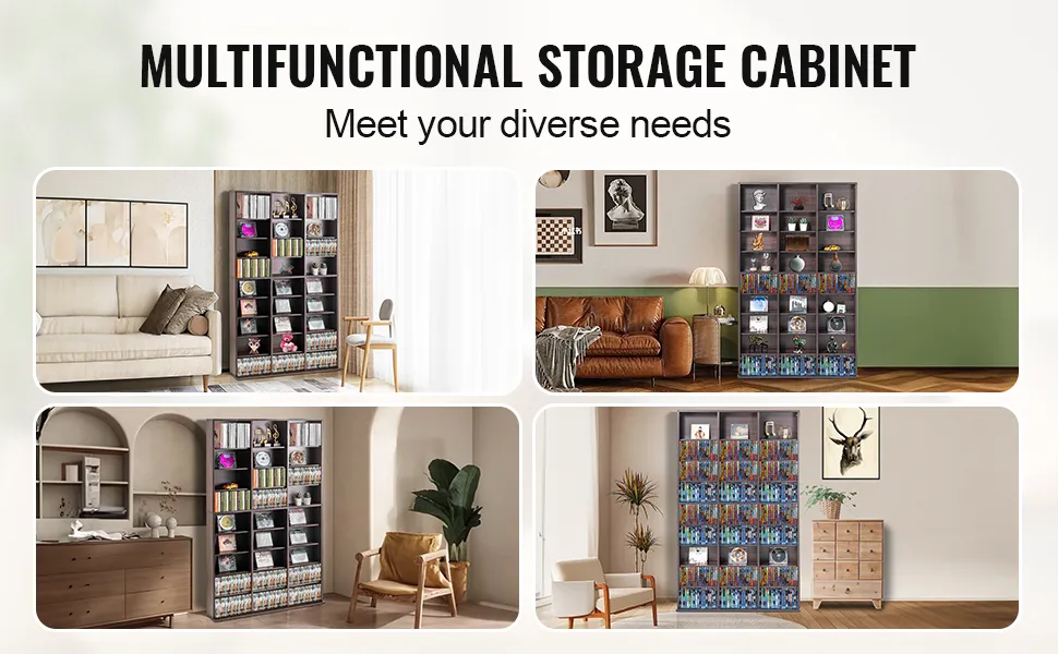 VEVOR media storage cabinet in living spaces showcasing books and decor, combining functionality and style.