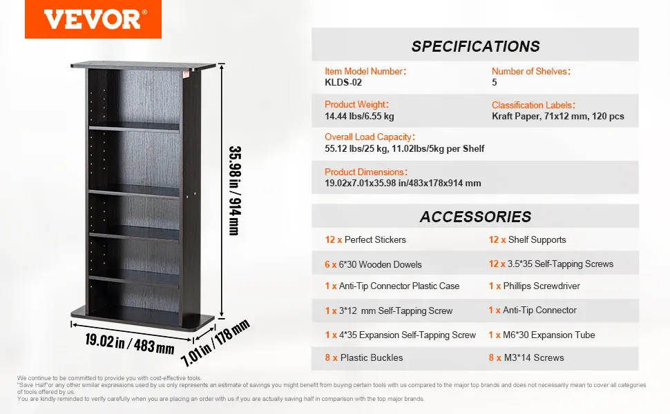 VEVOR media storage cabinet, 5 shelves, black finish, dimensions 35.98 in (h) x 19.02 in (w) x 7.01 in (d).