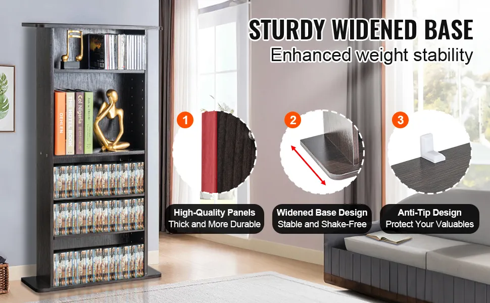 VEVOR media storage cabinet with widened base, high-quality panels, and anti-tip design in a living room.