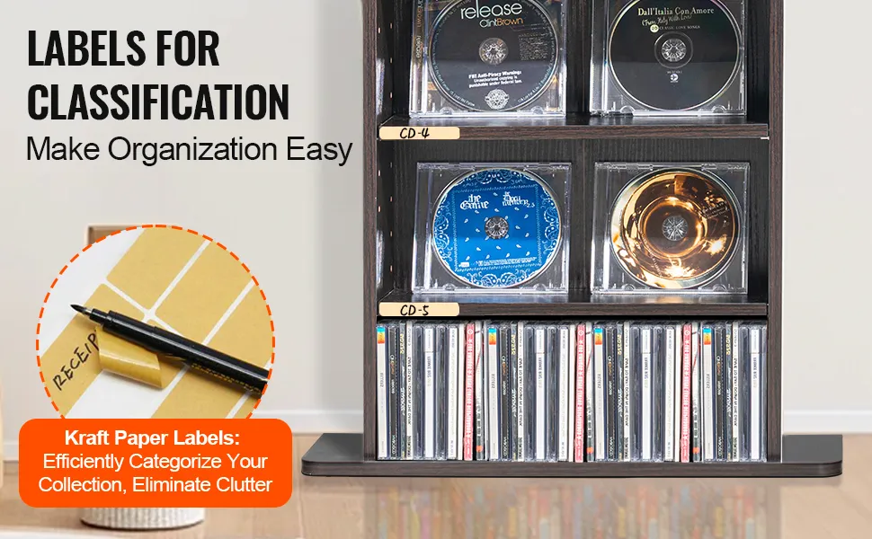 VEVOR media storage cabinet with labeled cds and kraft paper labels for easy organization and categorization.