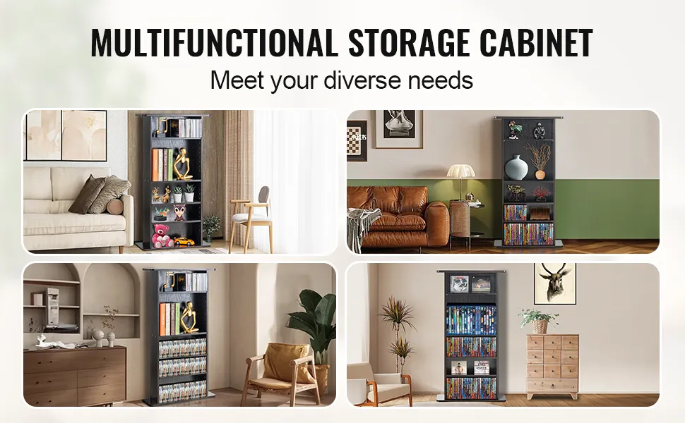 VEVOR media storage cabinet in living rooms, featuring books, decor, and dvds in a stylish setup.
