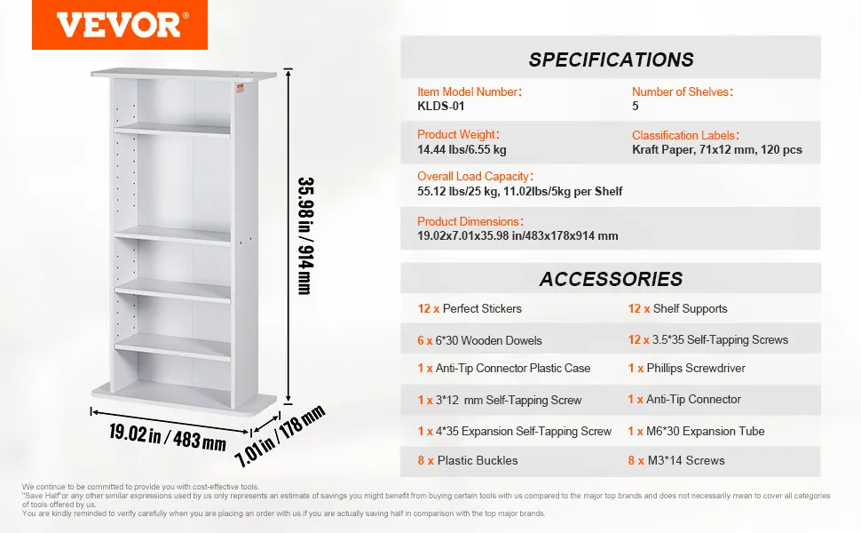VEVOR media storage cabinet, 5 shelves, dimensions 19.02x7.01x35.98 inches, 14.44 lbs weight.