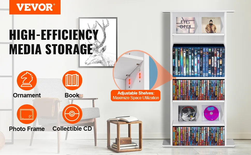 VEVOR media storage cabinet with adjustable shelves, perfect for books, cds, photo frames, and ornaments.