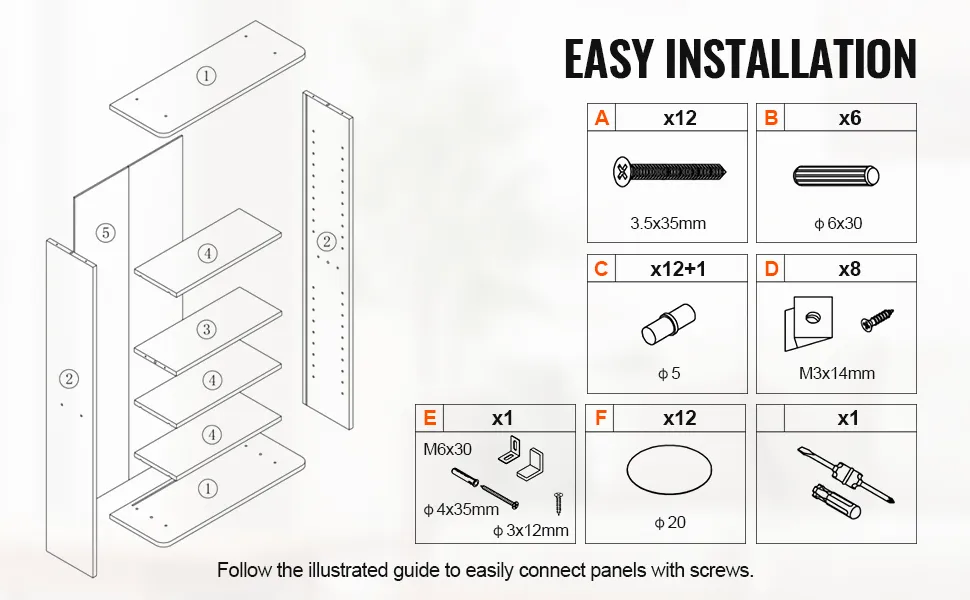 VEVOR media storage cabinet assembly guide with labeled screws and components for easy installation.