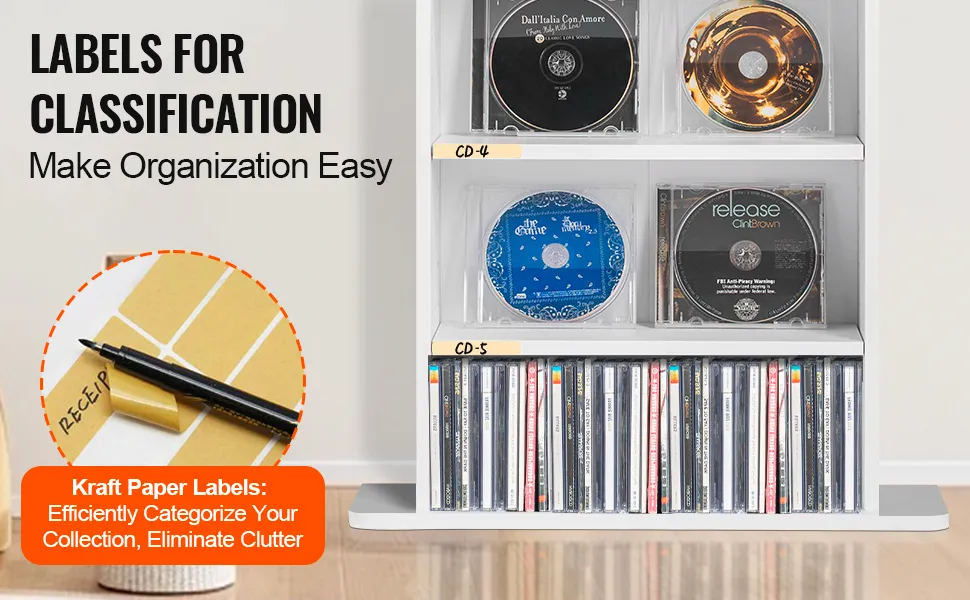 VEVOR media storage cabinet with labeled sections for cds and kraft paper labels for organization.
