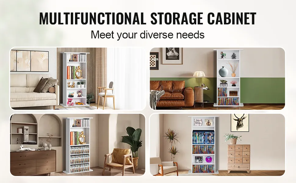 VEVOR media storage cabinet in various home settings showing its multifunctional design and capacity.