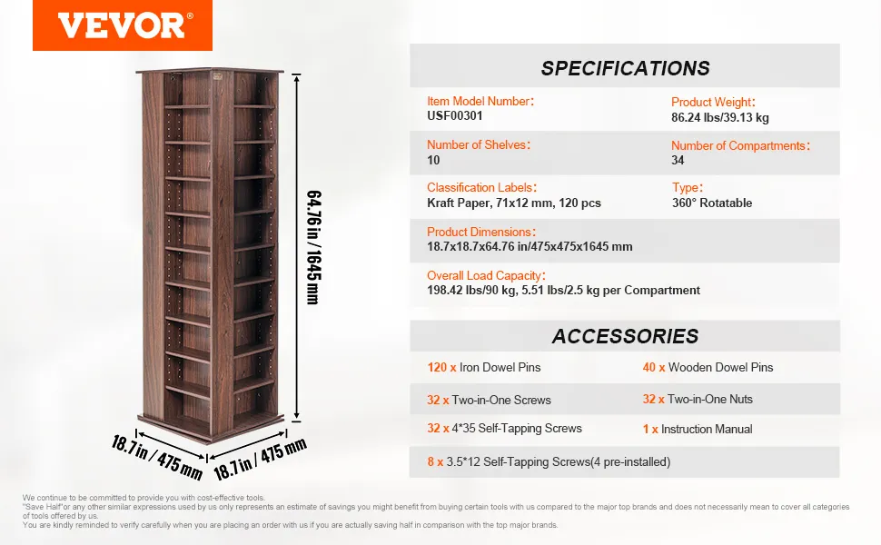 Drehbarer Medienturm von VEVOR mit 10 Regalen, 34 Fächern und den Abmessungen 64,76 x 18,7 x 18,7 Zoll.
