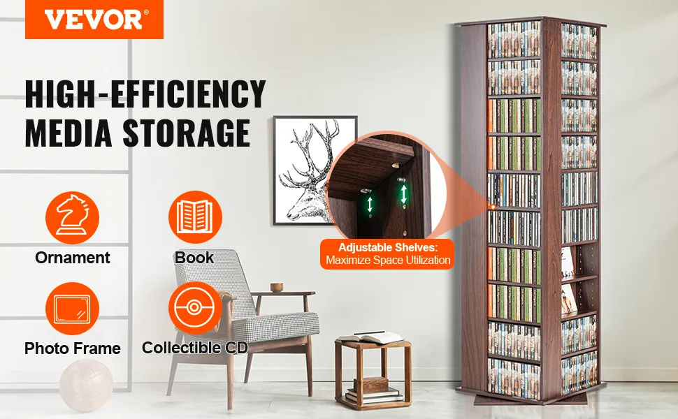 Drehbarer Medienturm von VEVOR mit verstellbaren Regalen für Bücher, CDs, einen Bilderrahmen und ein Dekorationsstück.