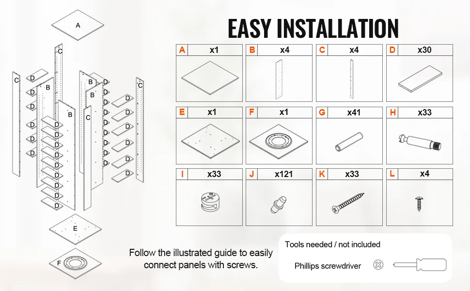 Einfache Installationsanleitung für den rotierenden Medienturm von VEVOR mit beschrifteten Teilen und erforderlichen Werkzeugen.