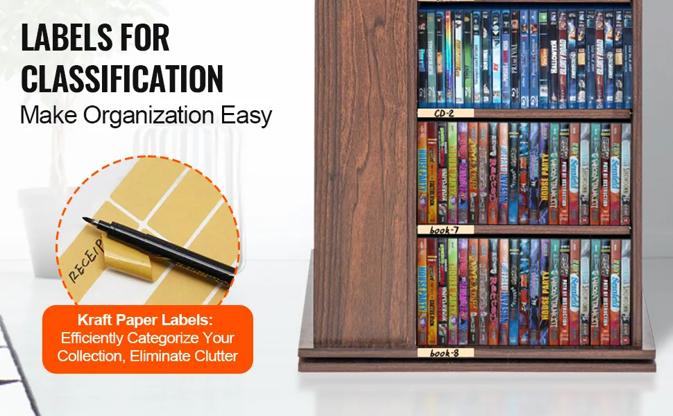 Drehbarer Medienturm von VEVOR mit beschrifteten Regalen und Etiketten aus Kraftpapier für einfache Organisation.