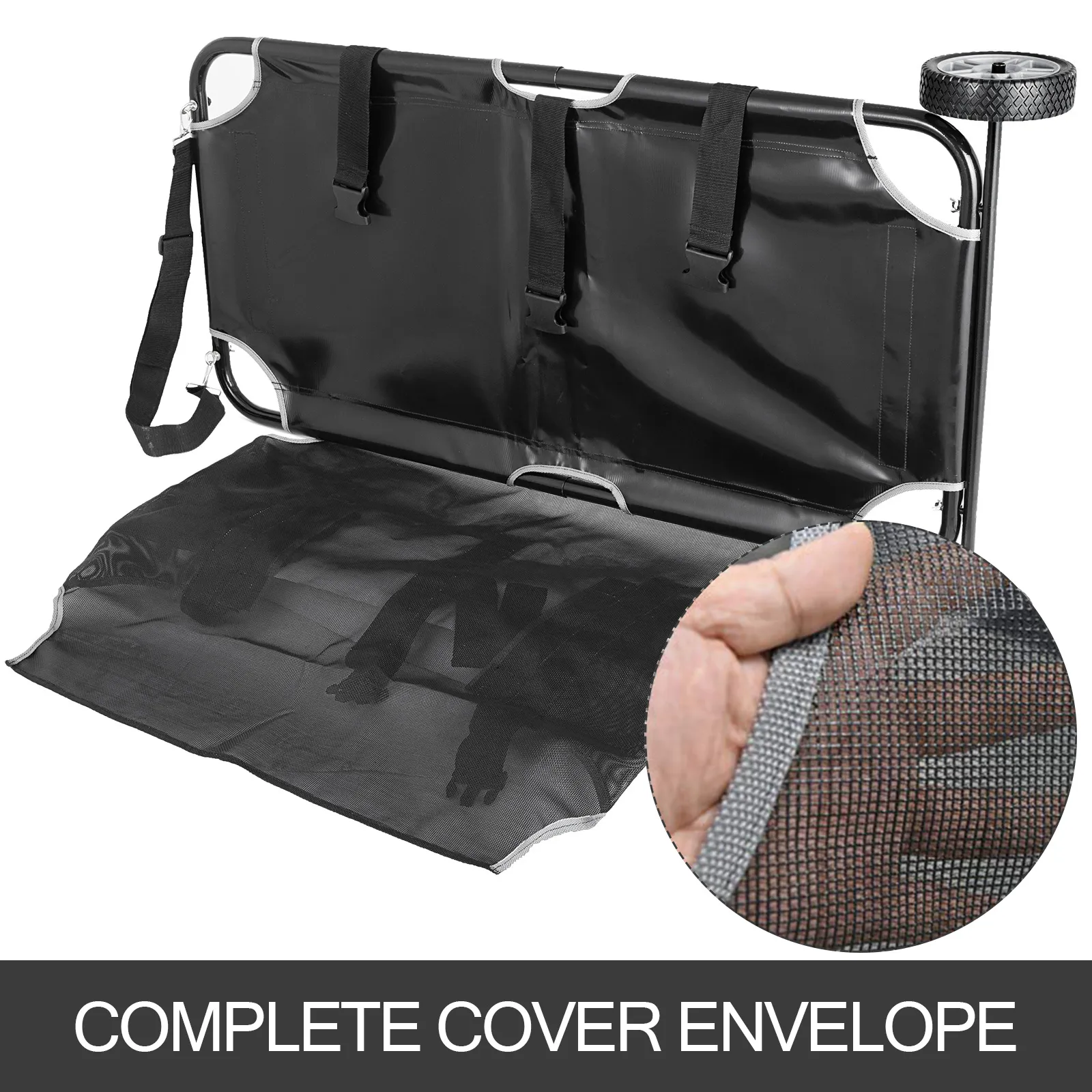 Camilla para animales VEVOR con funda negra duradera y malla con detalles hechos a mano en primer plano.