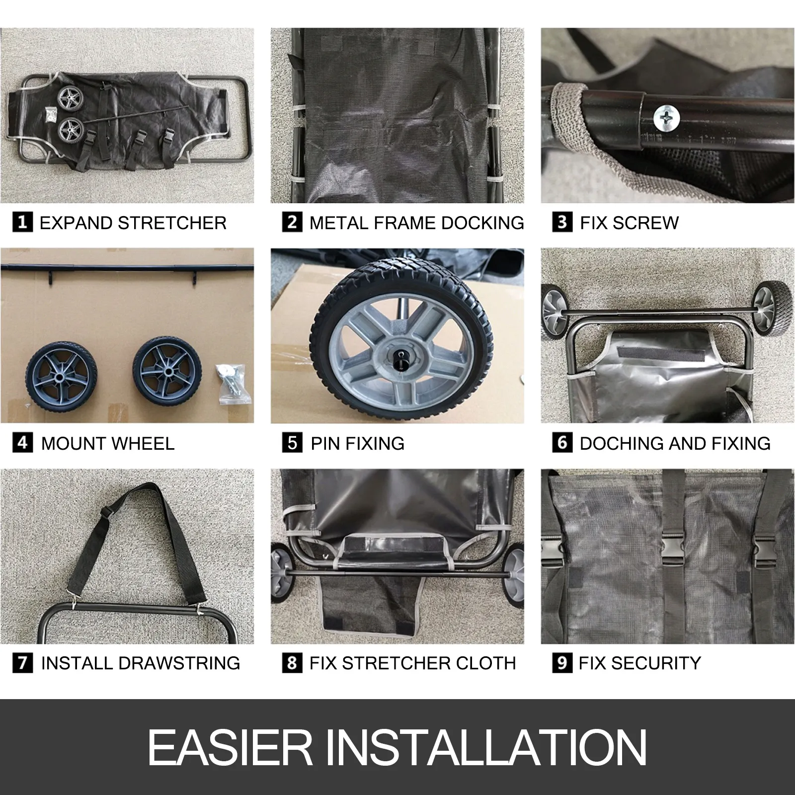 Pasos de montaje de camilla para animales VEVOR con instalación de ruedas, marco y tela.