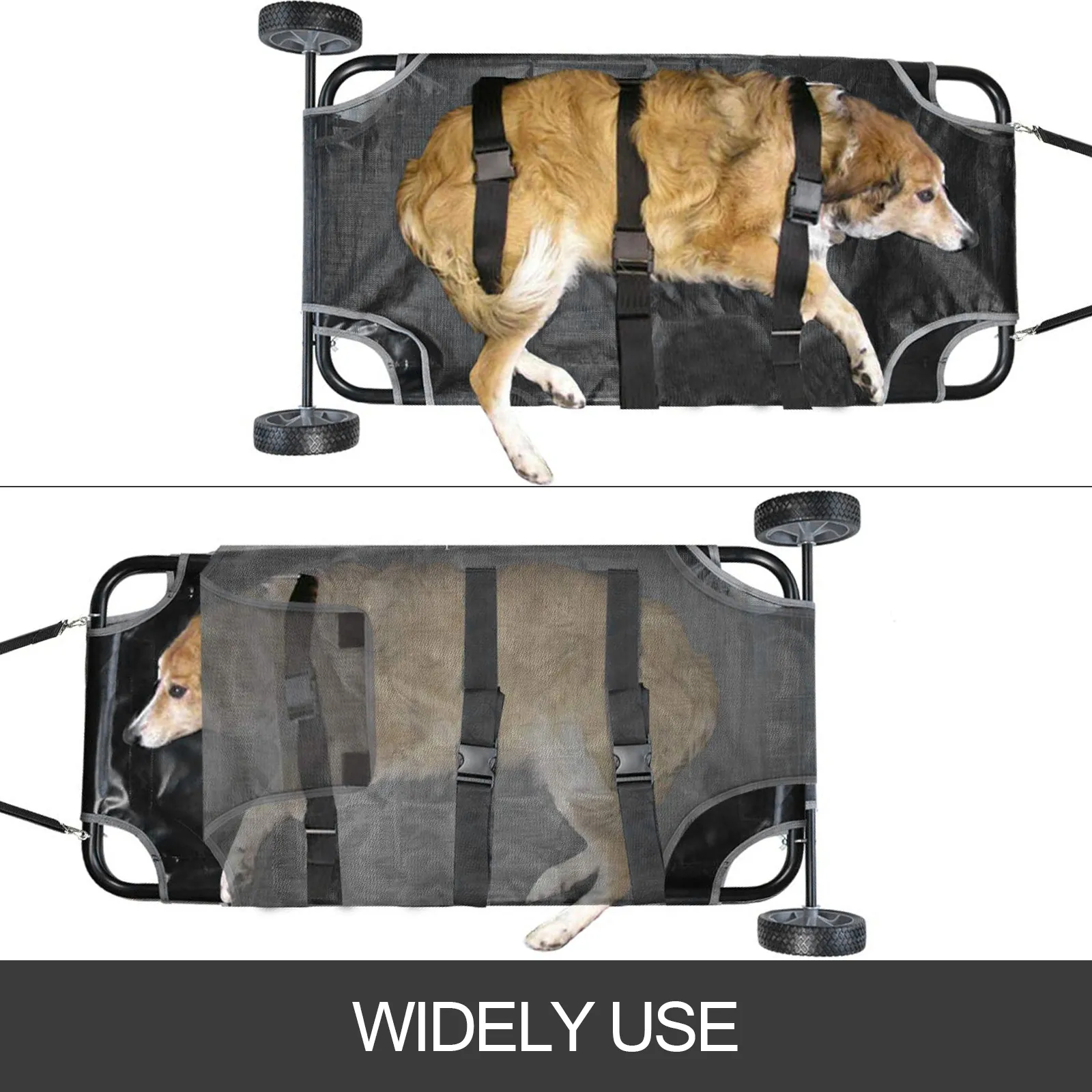 Perro asegurado en una camilla para animales VEVOR con ruedas, adecuada para el transporte de mascotas.