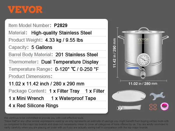 Bollitore per la preparazione del caffè VEVOR p2829, acciaio inossidabile, 5 galloni, termometro 0-250°F, 11x11 pollici.