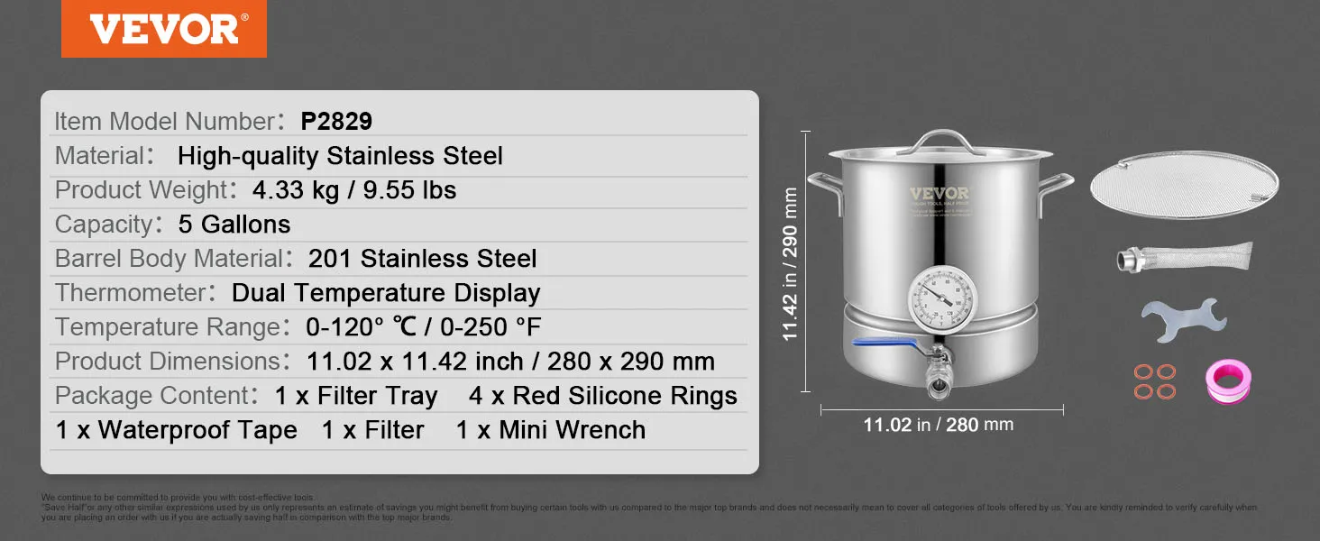 Bollitore per la preparazione del caffè VEVOR p2829, acciaio inossidabile, 5 galloni, termometro 0-250°F, 11x11 pollici.