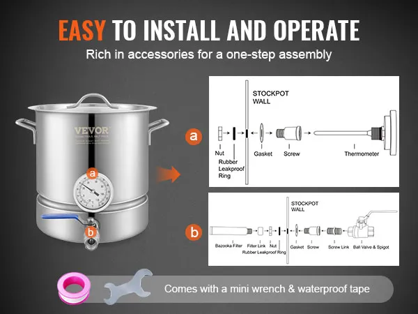 Bollitore per la preparazione del caffè VEVOR con istruzioni per l'installazione e accessori come mini chiave inglese e nastro impermeabile.