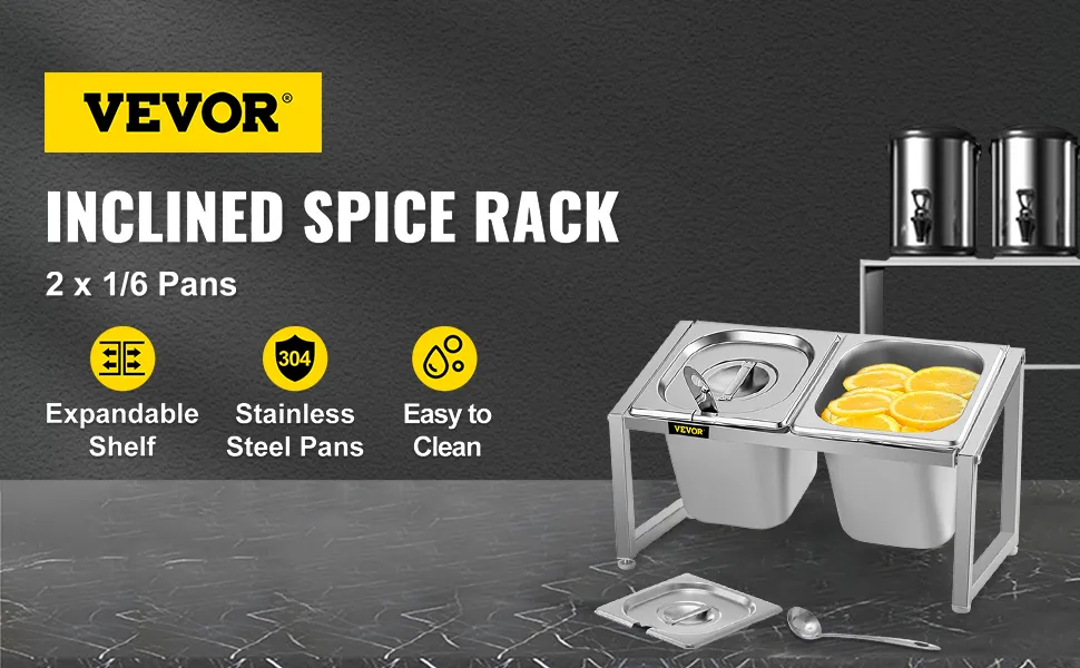 Estante para especias expandible VEVOR con cacerolas de acero inoxidable y diseño fácil de limpiar.
