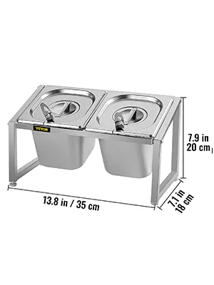 Estante de especias expandible VEVOR con dos recipientes y tapas de acero inoxidable, dimensiones mostradas.