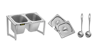 Fregadero doble de acero inoxidable con tapas y cucharones de mango largo.