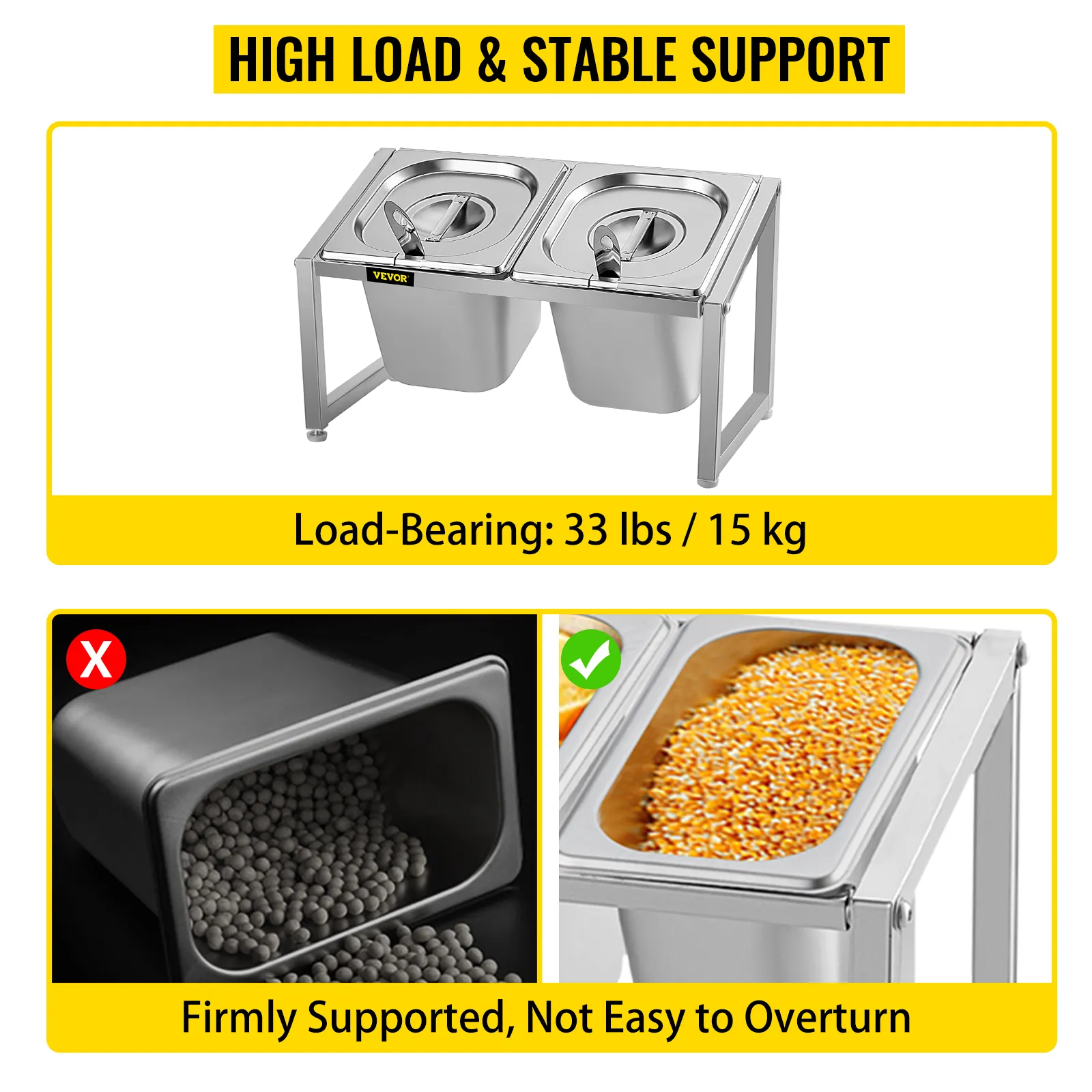 Portacontenedores de acero inoxidable VEVOR, gran capacidad de carga, soporte estable, capacidad de 15 kg.