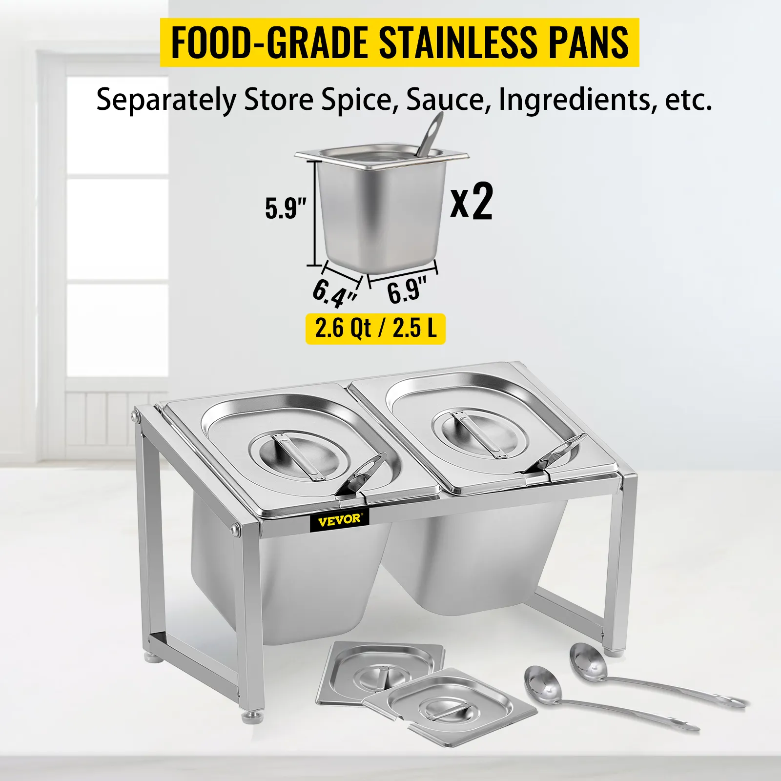 Estante para especias expandible VEVOR con dos bandejas de acero inoxidable y tapas a juego.