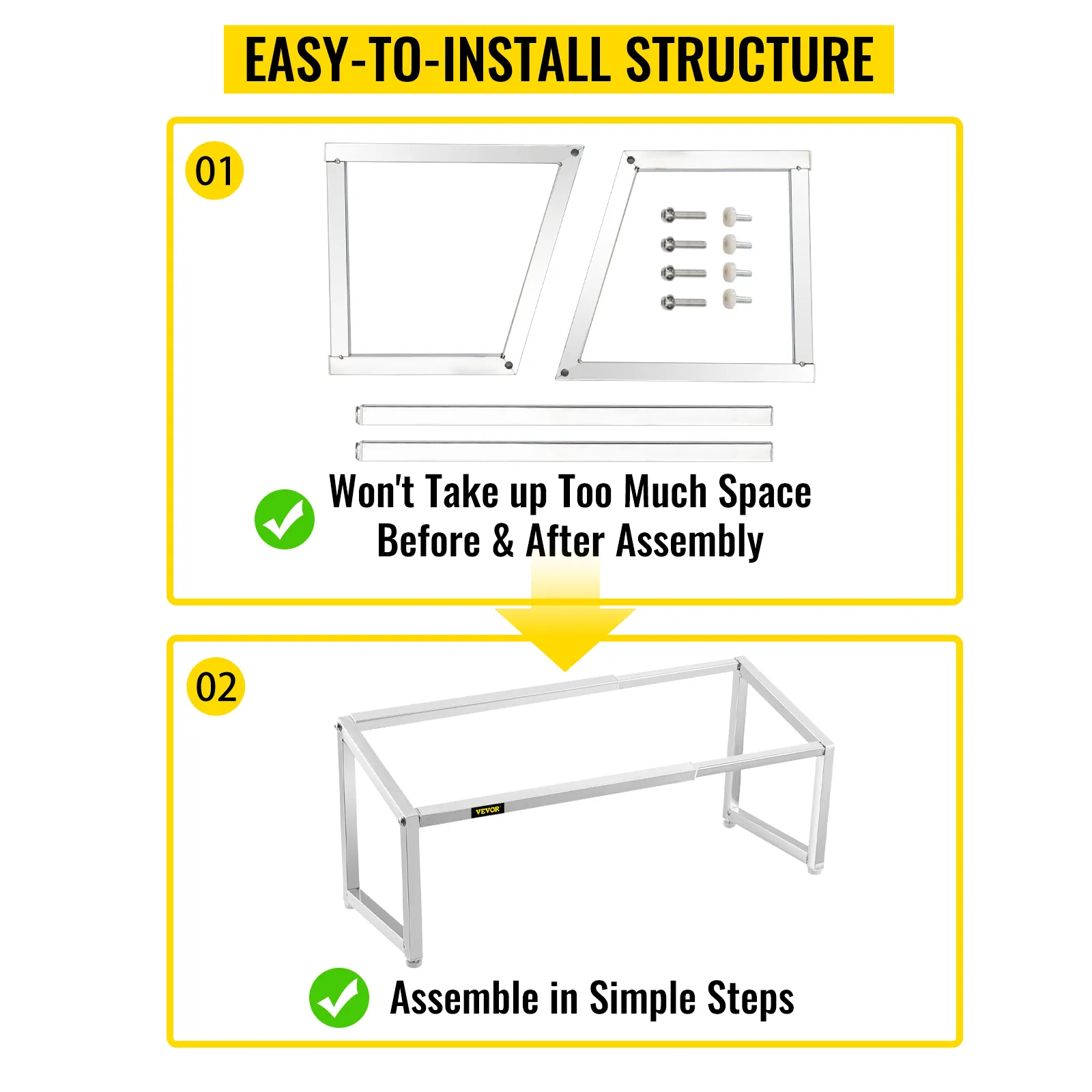 Estante para especias expandible VEVOR fácil de instalar con sencillos pasos de montaje mostrados.