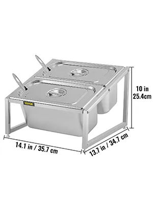Especiero expandible VEVOR de acero inoxidable con dos contenedores y dimensiones.