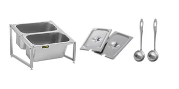Chafing dish doble de acero inoxidable con tapas y cucharones, ideal para eventos de catering.