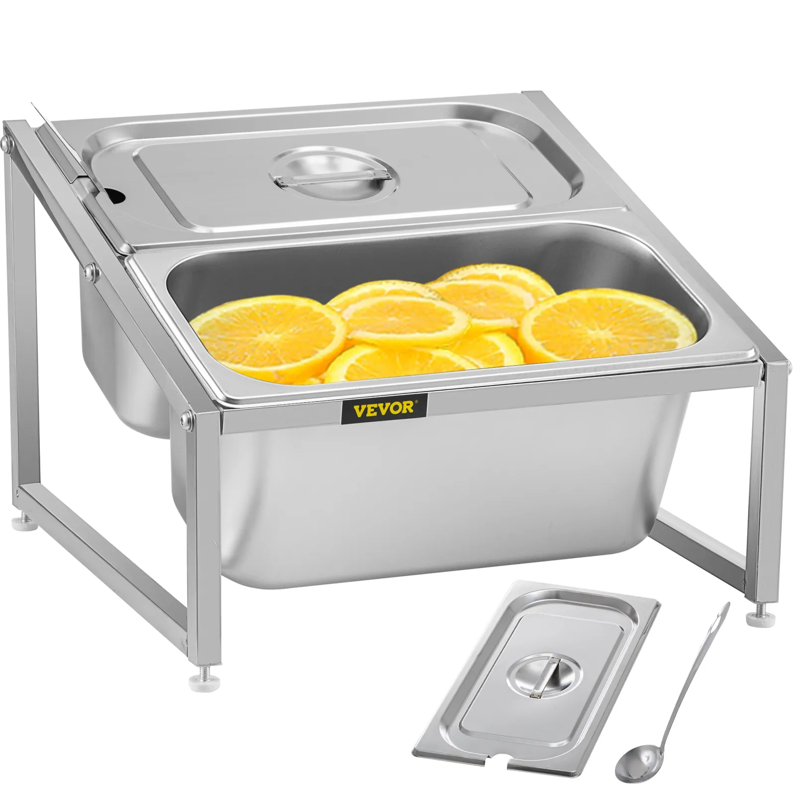 Contenedor de alimentos de acero inoxidable VEVOR con rodajas de naranja, tapa y cuchara.
