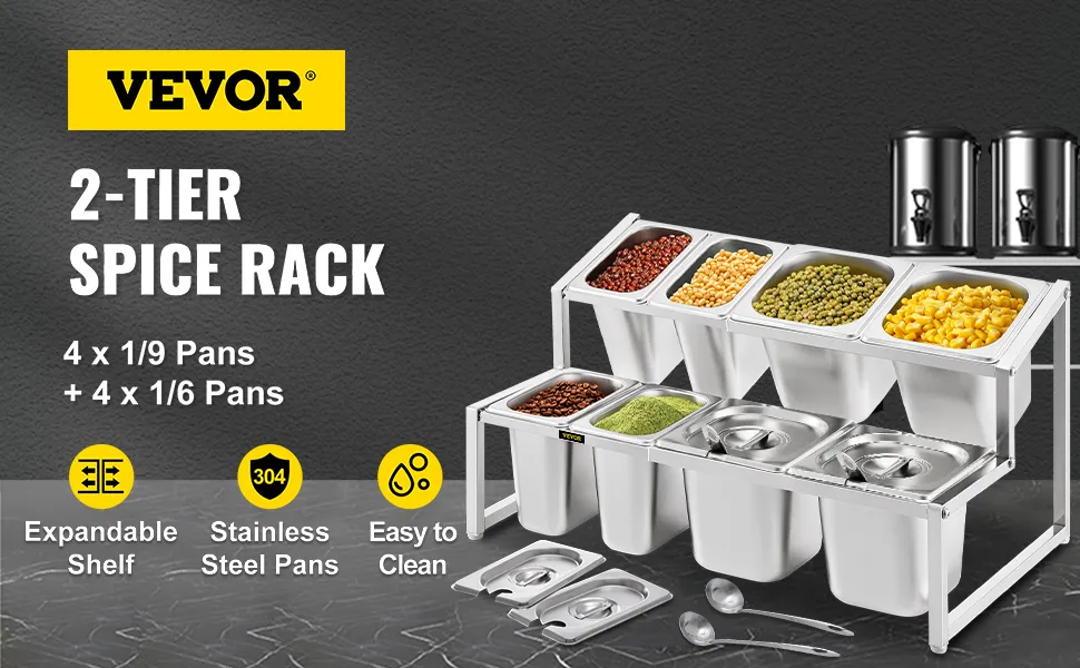 Estante de especias expandible VEVOR con bandejas de acero inoxidable, fácil de limpiar, almacenamiento de 2 niveles.