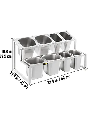 Estante para especias expandible VEVOR con medidas que muestran varios tamaños de recipientes.