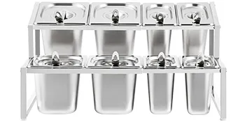 Estante de especias expandible VEVOR con seis recipientes y tapas de acero inoxidable.