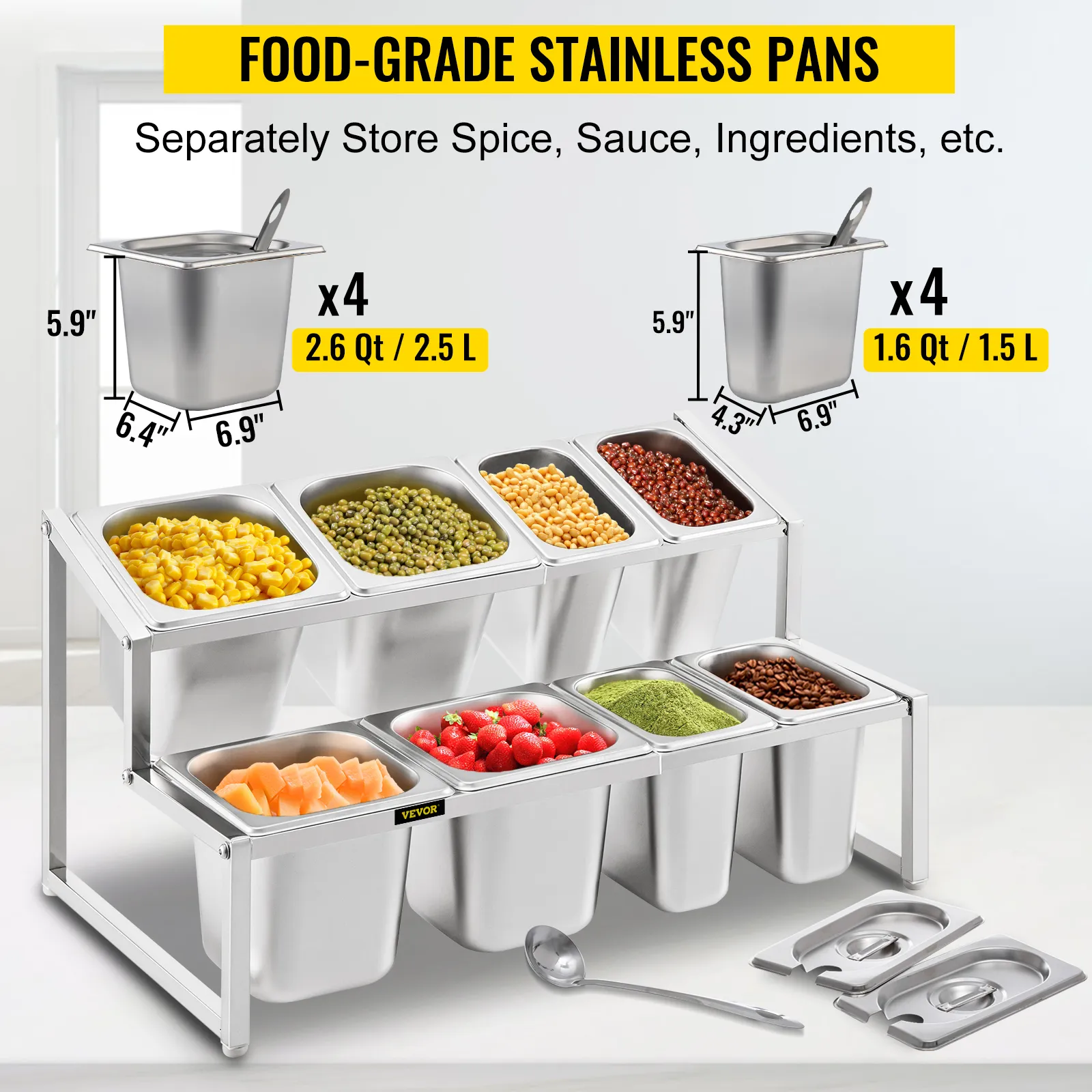 Estante de especias expandible VEVOR con recipientes de acero inoxidable de calidad alimentaria que almacenan varios ingredientes.