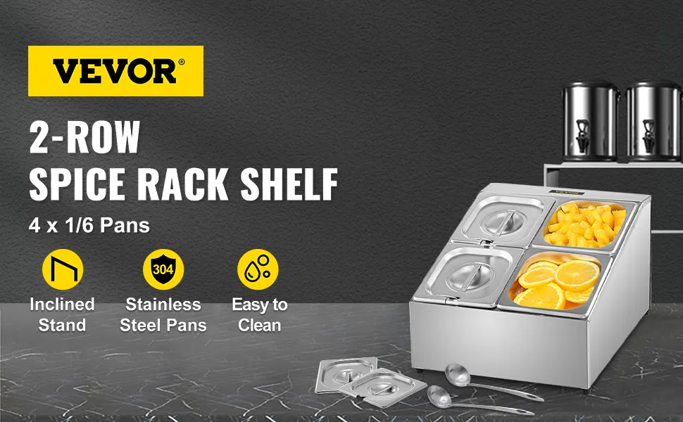 Estante para especias VEVOR con dos filas, 4 sartenes de acero inoxidable de 1/6" y soporte inclinado.