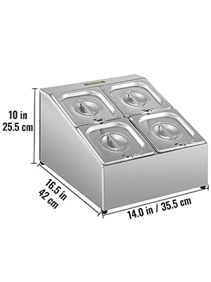 Estante especiero VEVOR en acero inoxidable con cuatro compartimentos y dimensiones etiquetadas.